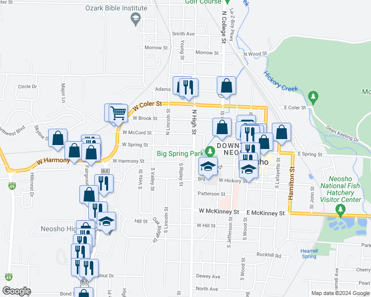 map of restaurants, bars, coffee shops, grocery stores, and more near 415 West Spring Street in Neosho
