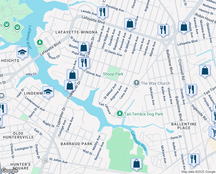 map of restaurants, bars, coffee shops, grocery stores, and more near 2714 Peronne Avenue in Norfolk