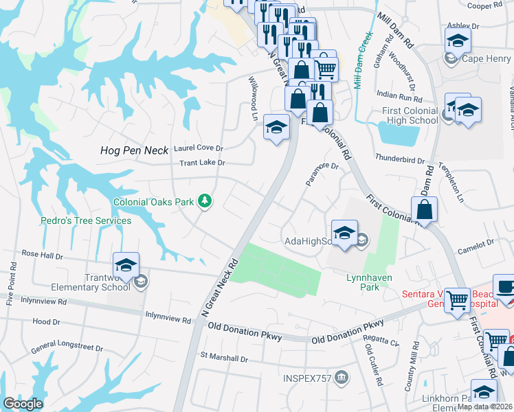 map of restaurants, bars, coffee shops, grocery stores, and more near 2208 Covered Bridge Way in Virginia Beach