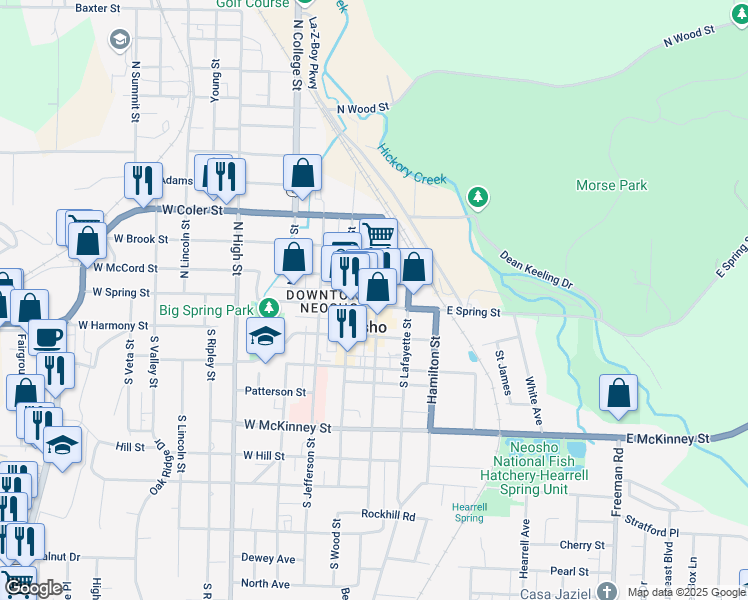 map of restaurants, bars, coffee shops, grocery stores, and more near 106 North Washington Street in Neosho