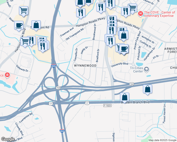 map of restaurants, bars, coffee shops, grocery stores, and more near 5921 Brookwood Drive in Suffolk