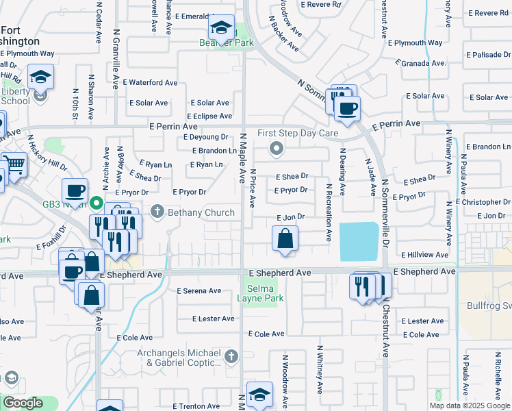 map of restaurants, bars, coffee shops, grocery stores, and more near 9212 North Price Avenue in Fresno