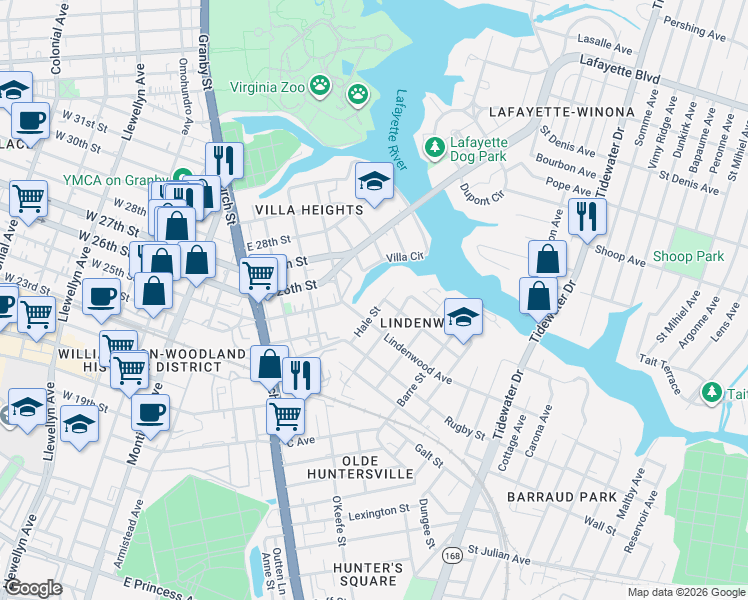 map of restaurants, bars, coffee shops, grocery stores, and more near 2527 Hale Street in Norfolk