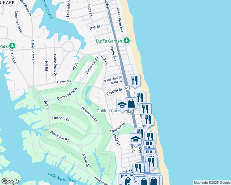 map of restaurants, bars, coffee shops, grocery stores, and more near 4125 Bungalow Court in Virginia Beach