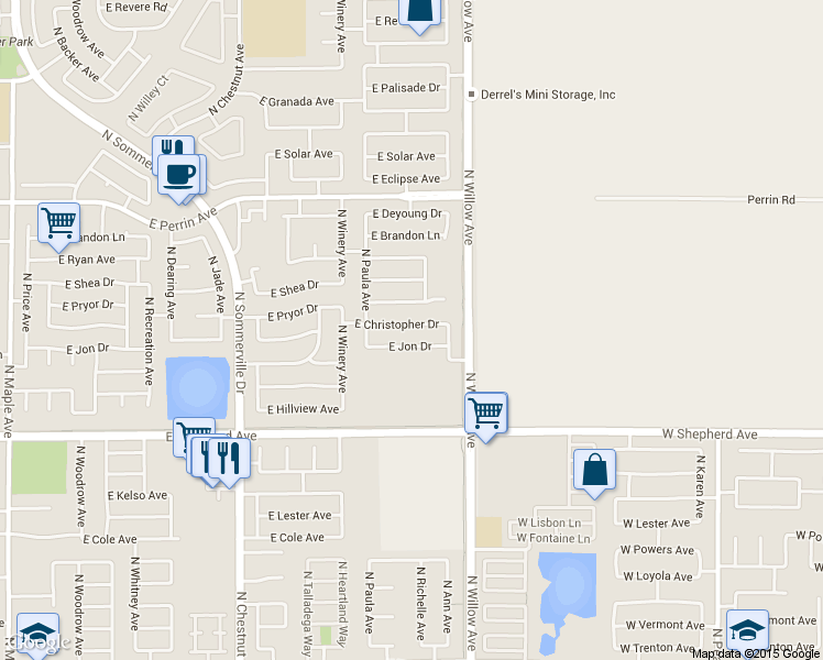 map of restaurants, bars, coffee shops, grocery stores, and more near 2917 East Christopher Drive in Fresno