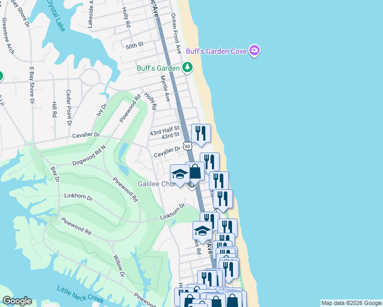 map of restaurants, bars, coffee shops, grocery stores, and more near 205 Cavalier Drive in Virginia Beach