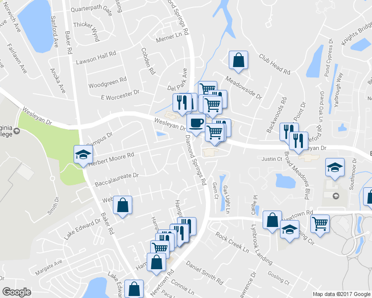 map of restaurants, bars, coffee shops, grocery stores, and more near 850 Tuition Drive in Virginia Beach