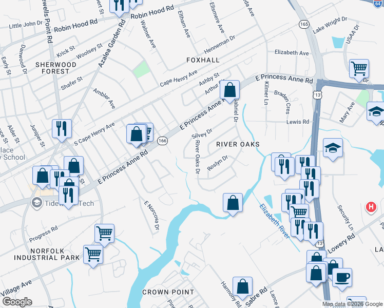 map of restaurants, bars, coffee shops, grocery stores, and more near 1405 River Oaks Drive in Norfolk