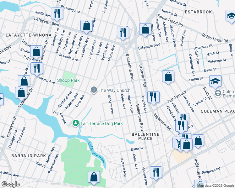 map of restaurants, bars, coffee shops, grocery stores, and more near 2716 Harrell Avenue in Norfolk