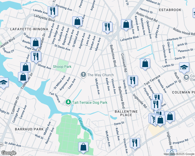 map of restaurants, bars, coffee shops, grocery stores, and more near 2726 McKann Avenue in Norfolk