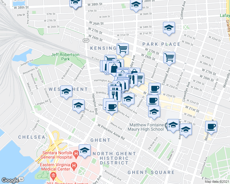 map of restaurants, bars, coffee shops, grocery stores, and more near 816 Gates Avenue in Norfolk