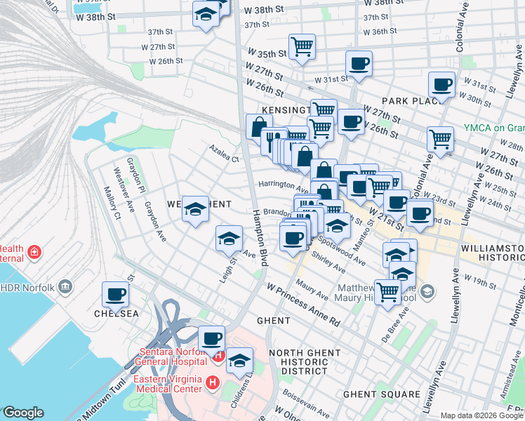 map of restaurants, bars, coffee shops, grocery stores, and more near 1702 Hampton Boulevard in Norfolk