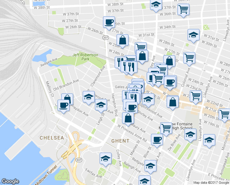map of restaurants, bars, coffee shops, grocery stores, and more near 1702 Hampton Boulevard in Norfolk