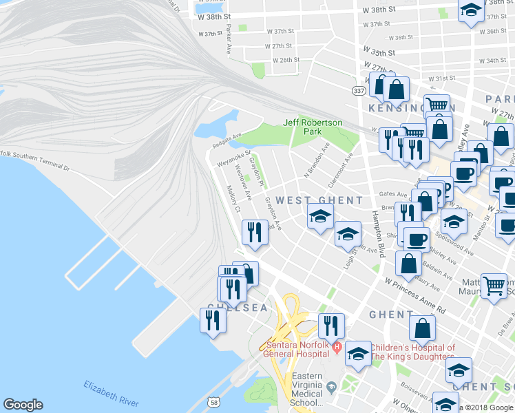 map of restaurants, bars, coffee shops, grocery stores, and more near 1324 Westover Avenue in Norfolk