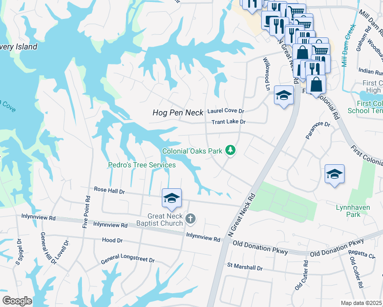 map of restaurants, bars, coffee shops, grocery stores, and more near 1273 Mossy Oaks Court in Virginia Beach