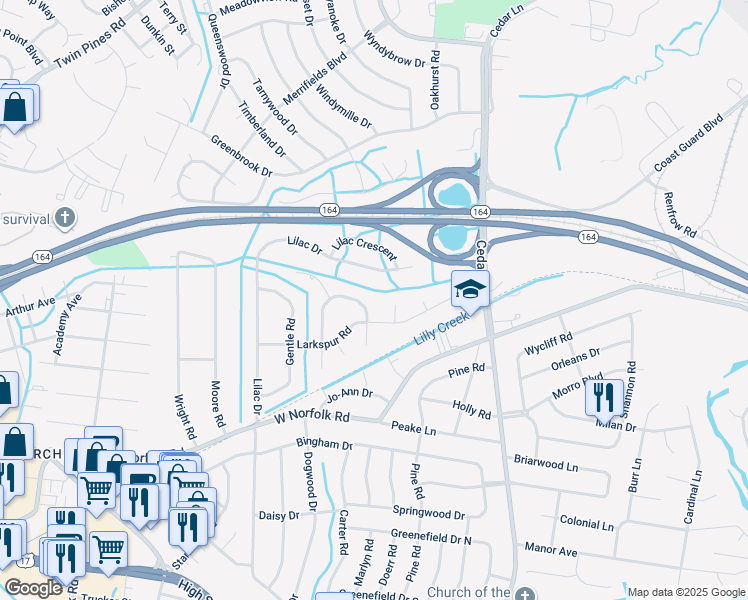 map of restaurants, bars, coffee shops, grocery stores, and more near 3644 Hosiers Oaks Drive in Portsmouth