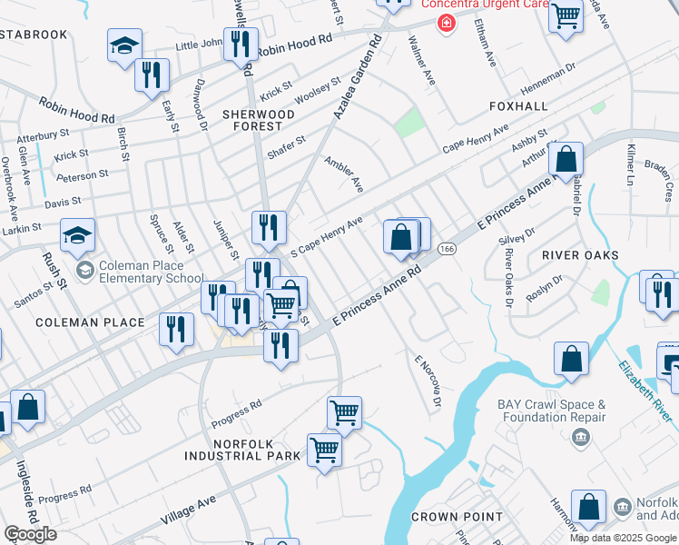map of restaurants, bars, coffee shops, grocery stores, and more near 1536 Kerrey Avenue in Norfolk