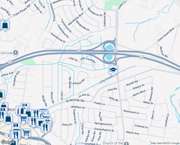 map of restaurants, bars, coffee shops, grocery stores, and more near 3644 Hosiers Oaks Drive in Portsmouth