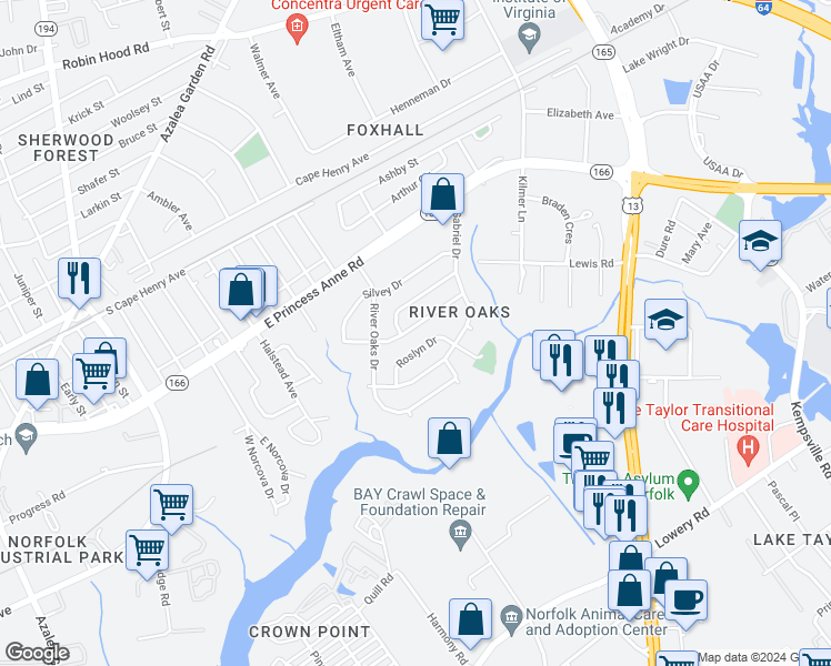 map of restaurants, bars, coffee shops, grocery stores, and more near 5329 Julianna Drive in Norfolk