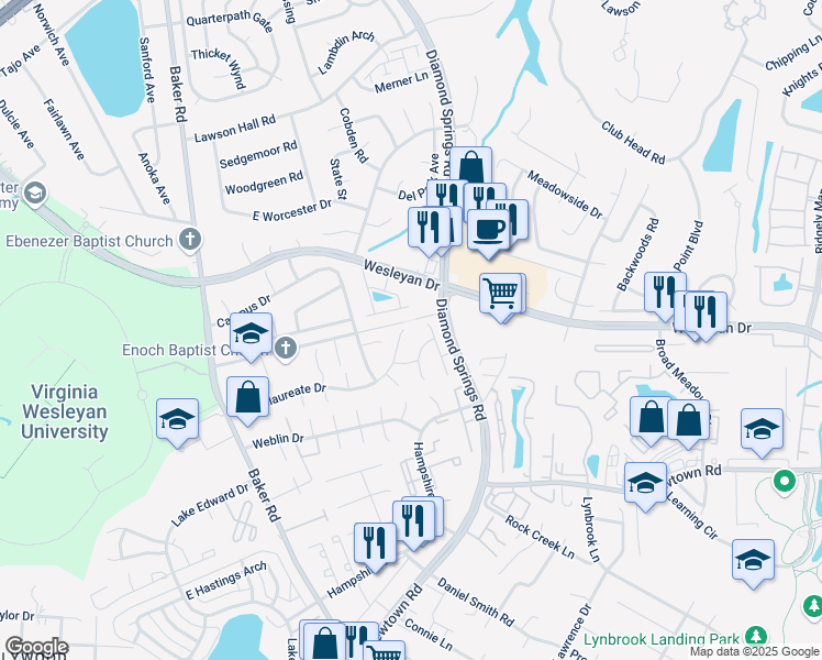 map of restaurants, bars, coffee shops, grocery stores, and more near 5507 Baccalaureate Drive in Virginia Beach