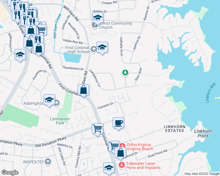 map of restaurants, bars, coffee shops, grocery stores, and more near 1820 Templeton Lane in Virginia Beach