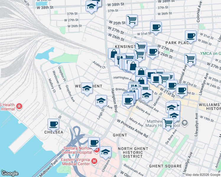 map of restaurants, bars, coffee shops, grocery stores, and more near 1707 Hampton Boulevard in Norfolk