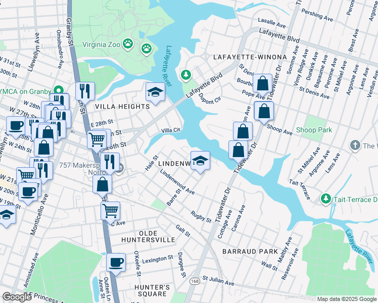 map of restaurants, bars, coffee shops, grocery stores, and more near 829 Lamont Street in Norfolk