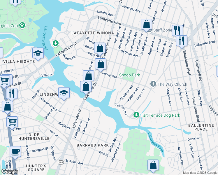 map of restaurants, bars, coffee shops, grocery stores, and more near 2700 Vimy Ridge Avenue in Norfolk