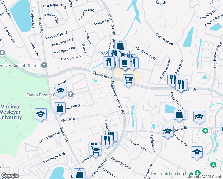 map of restaurants, bars, coffee shops, grocery stores, and more near 850 Tuition Drive in Virginia Beach