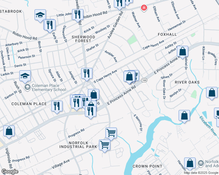 map of restaurants, bars, coffee shops, grocery stores, and more near 1536 Kerrey Avenue in Norfolk
