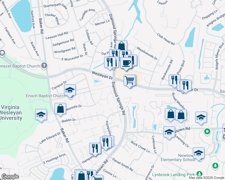 map of restaurants, bars, coffee shops, grocery stores, and more near 850 Tuition Drive in Virginia Beach