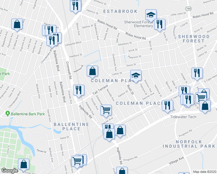 map of restaurants, bars, coffee shops, grocery stores, and more near 3605 Tait Terrace in Norfolk