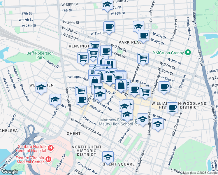 map of restaurants, bars, coffee shops, grocery stores, and more near 721 West 21st Street in Norfolk