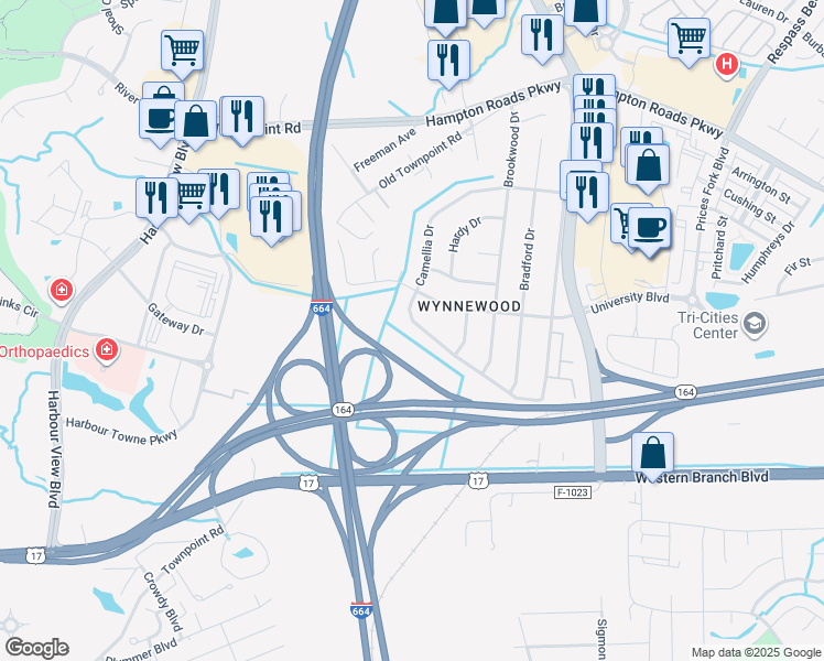 map of restaurants, bars, coffee shops, grocery stores, and more near 4621 Camellia Drive in Suffolk