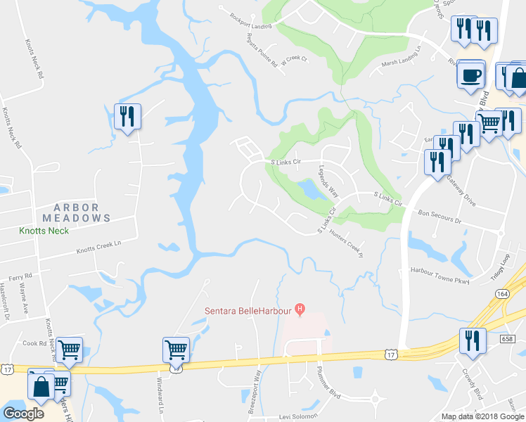 map of restaurants, bars, coffee shops, grocery stores, and more near 5055 South Links Circle in Suffolk