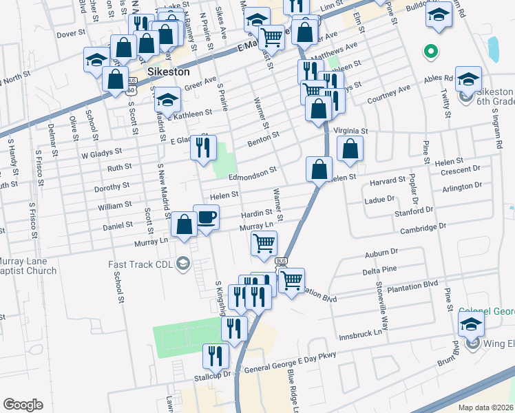 map of restaurants, bars, coffee shops, grocery stores, and more near 304 Hardin Street in Sikeston