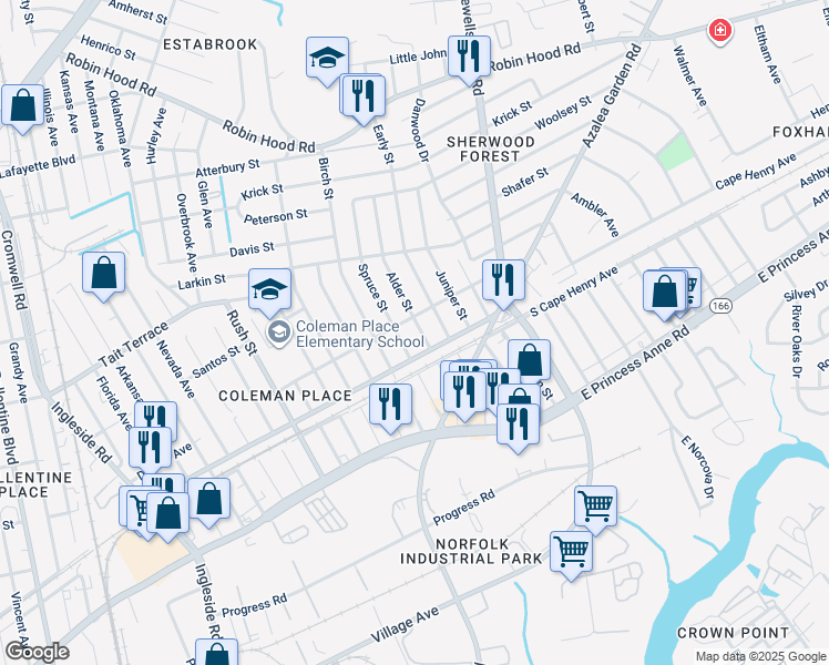 map of restaurants, bars, coffee shops, grocery stores, and more near 2319 Alder Street in Norfolk