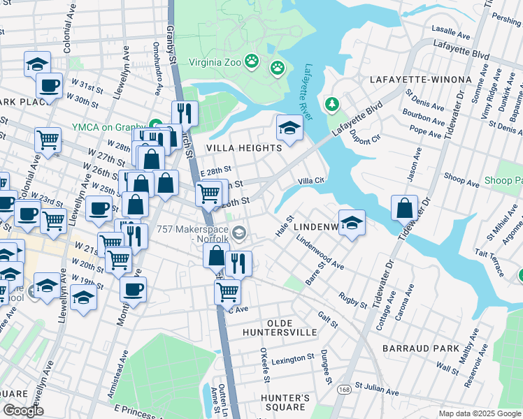 map of restaurants, bars, coffee shops, grocery stores, and more near 822 East 25th Street in Norfolk