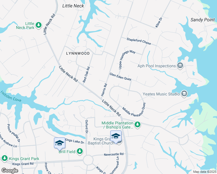 map of restaurants, bars, coffee shops, grocery stores, and more near 3332 Middle Plantation Quay in Virginia Beach