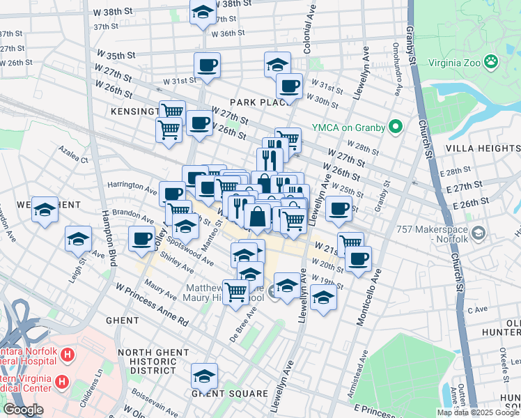 map of restaurants, bars, coffee shops, grocery stores, and more near in Norfolk