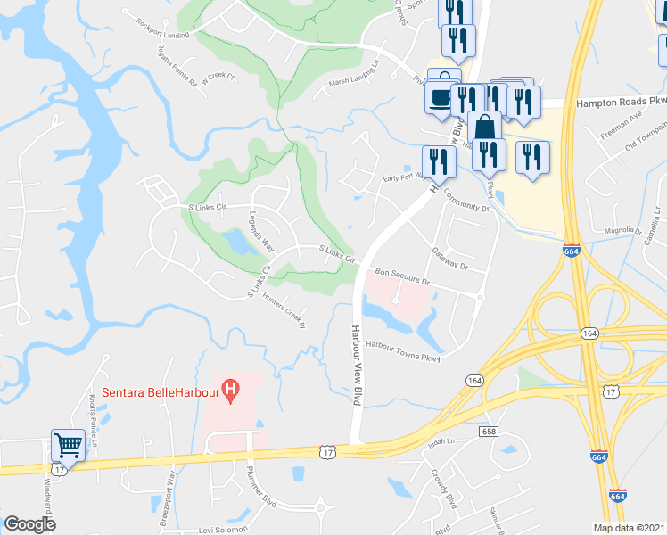 map of restaurants, bars, coffee shops, grocery stores, and more near 5103 Cog Hill Court in Suffolk