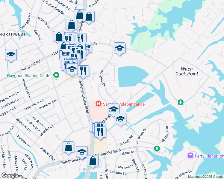 map of restaurants, bars, coffee shops, grocery stores, and more near 4419 Trinity Court in Virginia Beach