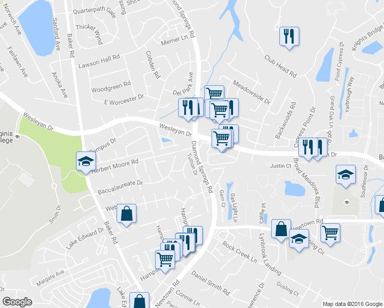 map of restaurants, bars, coffee shops, grocery stores, and more near 850 Tuition Drive in Virginia Beach