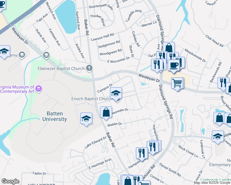 map of restaurants, bars, coffee shops, grocery stores, and more near 5569 Keydet Drive in Virginia Beach