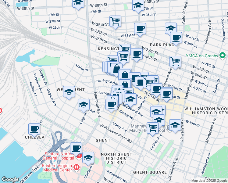 map of restaurants, bars, coffee shops, grocery stores, and more near 900 Brandon Avenue in Norfolk