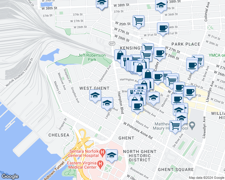 map of restaurants, bars, coffee shops, grocery stores, and more near 1016 Brandon Avenue in Norfolk