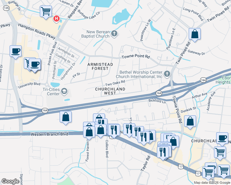 map of restaurants, bars, coffee shops, grocery stores, and more near 3701 Red Barn Road in Portsmouth