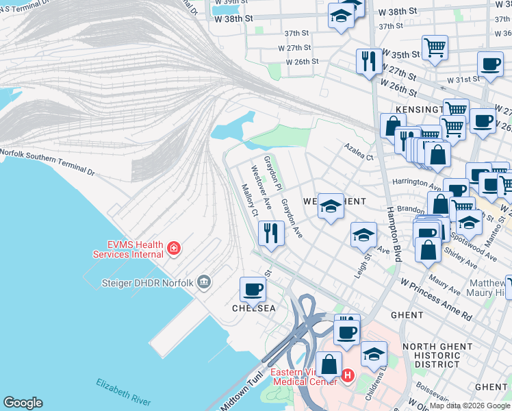 map of restaurants, bars, coffee shops, grocery stores, and more near 1344 Mallory Court in Norfolk