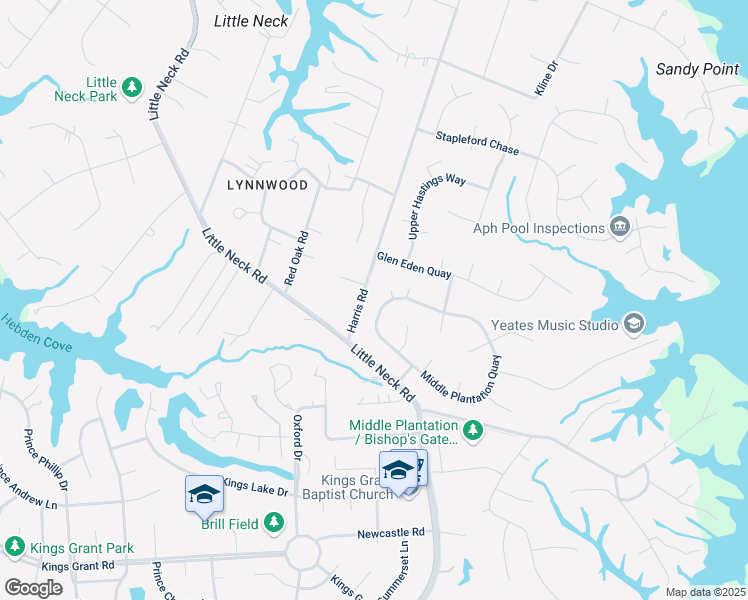 map of restaurants, bars, coffee shops, grocery stores, and more near 3332 Middle Plantation Quay in Virginia Beach