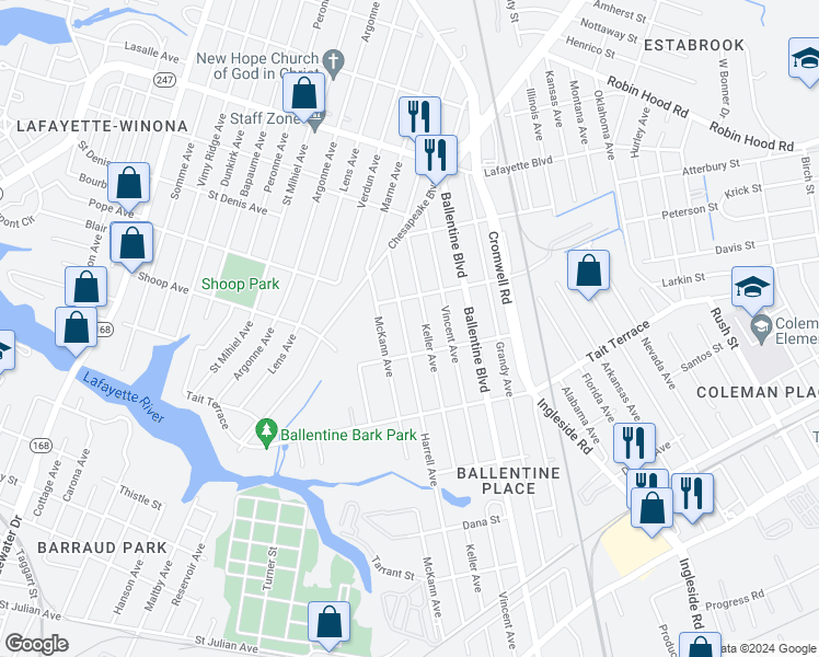 map of restaurants, bars, coffee shops, grocery stores, and more near 2720 Harrell Avenue in Norfolk